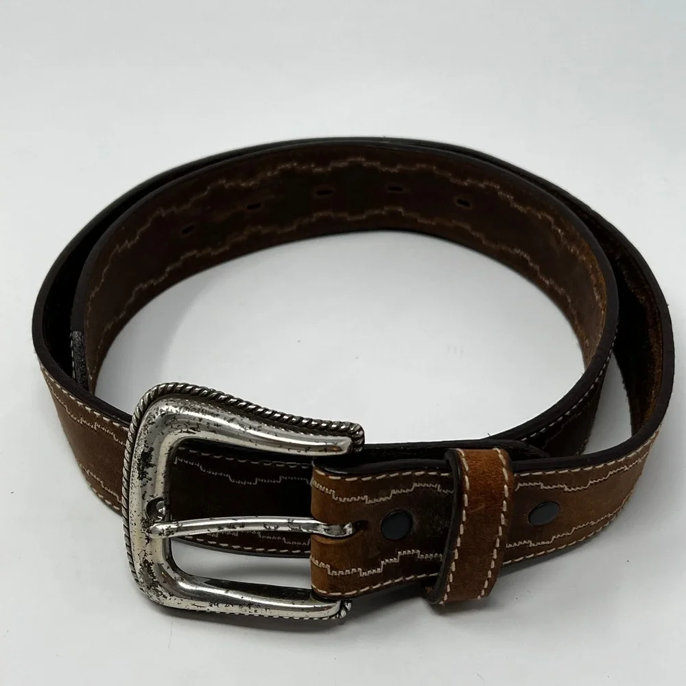 Tony Lama Brown Leather Western Belt Silver Buckle Women's Size 32 1459L - Picture 4 of 6